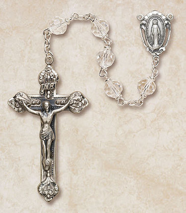 Sterling Silver Clear Crystal Catholic Rosary with 6mm Austrian crystal beads and 1.75 inch crucifix by Creed