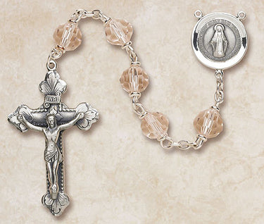 Sterling silver Rose Catholic rosary with 6mm pink Austrian crystal beads and Italian crucifix by Creed