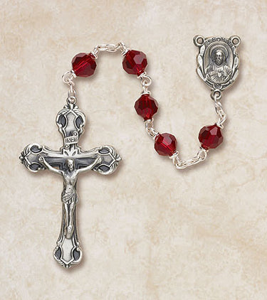 Sterling silver Ruby Catholic rosary with 6mm red Austrian crystal beads and Italian crucifix by Creed