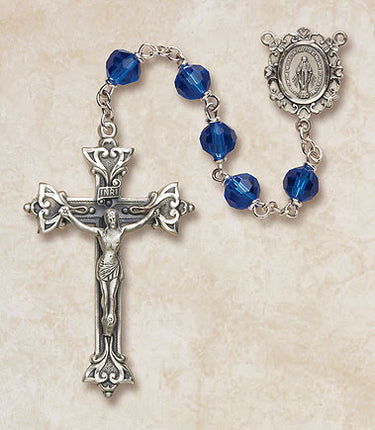 Sterling Silver Sapphire Catholic Rosary with 6mm Austrian Crystal Beads and 1.75 inch Crucifix by Creed Vienna Collection