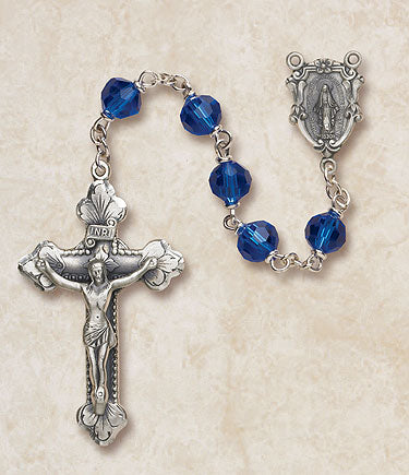 Sterling Silver Sapphire Blue Catholic Rosary with 6mm Austrian Crystal Beads and 1.75 inch Crucifix by Creed