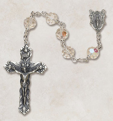 Sterling Silver Aurora Borealis Catholic Rosary with 6mm Austrian Crystal Beads and 1.75 inch Crucifix by Creed