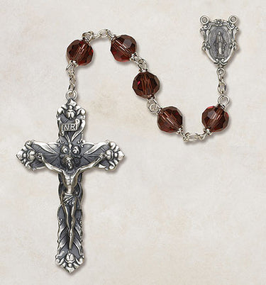 Sterling silver Catholic rosary with 6mm amethyst Austrian crystal beads and 1.75 inch crucifix by Creed Vienna Collection