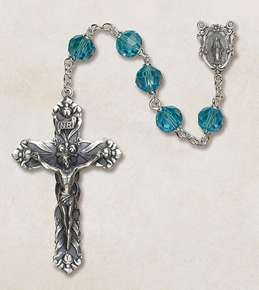 Sterling silver Catholic rosary with 6mm aqua Austrian crystal beads and 1.75 inch crucifix by Creed Vienna Collection