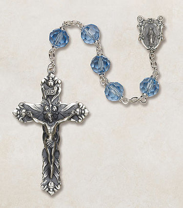 Sterling silver Catholic rosary with 6mm Cielo blue Austrian crystal beads and 1.75 inch crucifix by Creed Vienna Collection