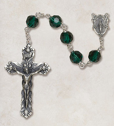 Emerald green Austrian crystal rosary with sterling silver links and 1.75 inch crucifix, Vienna Collection by Creed