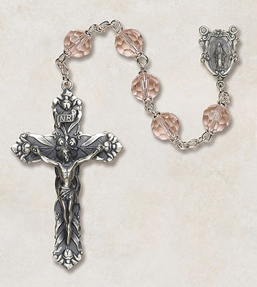 Rose pink Austrian crystal rosary with sterling silver links and 1.75 inch crucifix, Vienna Collection by Creed