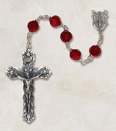 Ruby red Austrian crystal rosary with sterling silver links and 1.75 inch crucifix, Vienna Collection by Creed