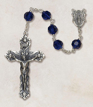 Sterling silver Catholic rosary with 6mm sapphire blue Austrian crystal beads and oxidized crucifix