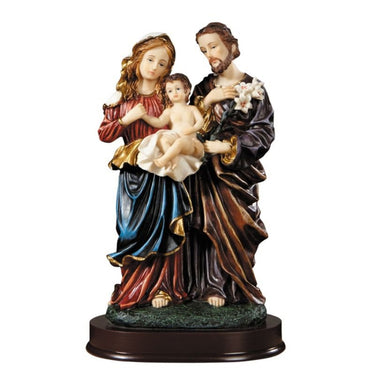 8.5 inch resin Holy Family statue depicting Mary, Joseph, and infant Jesus in loving embrace, hand-painted Catholic home decor by RosaryCard