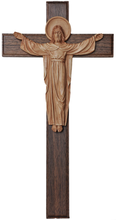 Walnut wood wall crucifix 20 inches with detailed resin Risen Christ corpus by RosaryCard