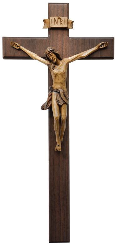 Large walnut wood wall crucifix 20 inch height with traditional Catholic design and premium hardwood construction