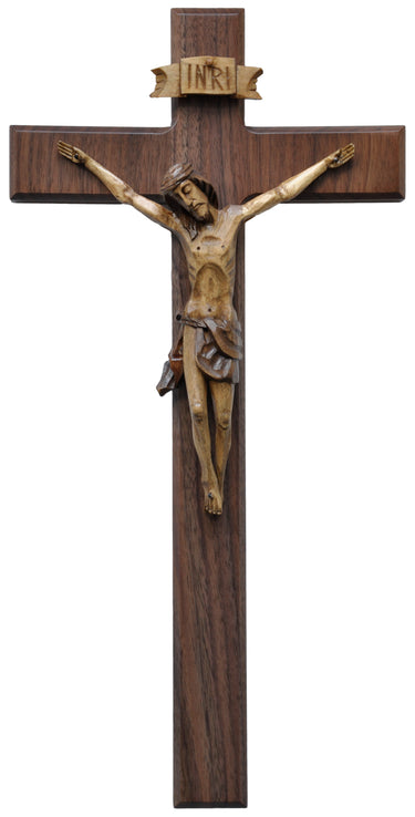 Walnut wood wall crucifix 15 inch height with traditional Catholic design and natural wood grain finish