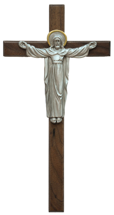 10 inch walnut wood wall crucifix with pewter Risen Christ corpus, Resurrection cross, brown finish
