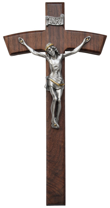 10 inch walnut wood wall crucifix with pewter corpus, traditional Catholic cross, brown finish