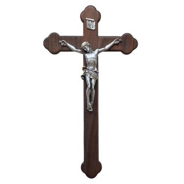 18 inch walnut wood wall crucifix with resin corpus, handcrafted Catholic cross with budded design