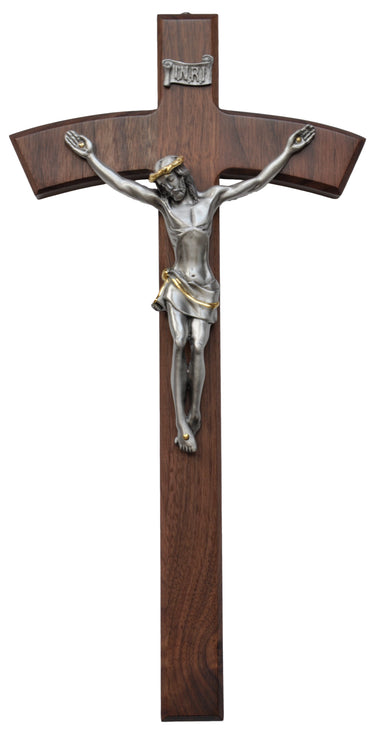 13.5 inch walnut wood wall crucifix with pewter corpus traditional Catholic cross for home decor
