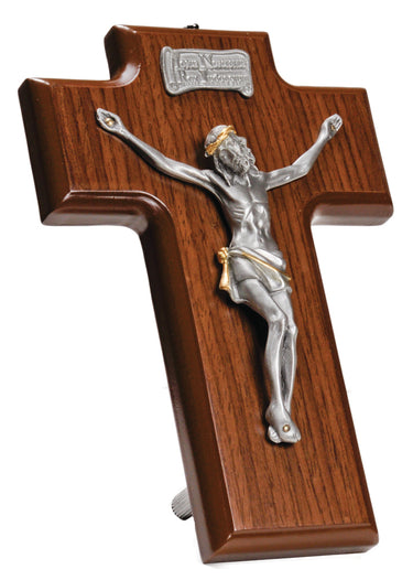 7.5 inch wood and pewter standing or wall-hanging Catholic crucifix with detailed corpus - handcrafted dual-purpose cross