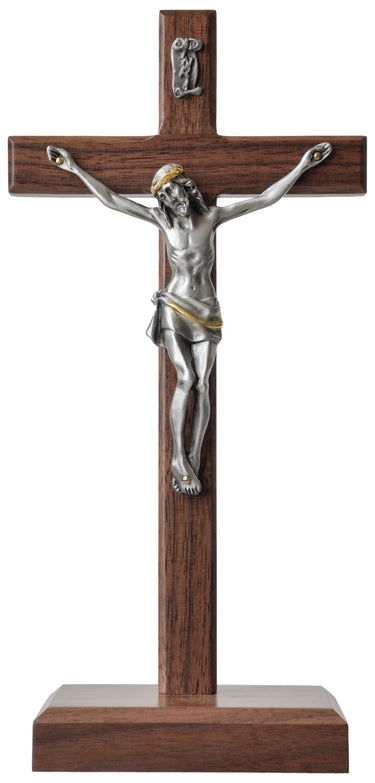 10 inch walnut wood standing crucifix with detailed pewter corpus for Catholic home altar and mantel display
