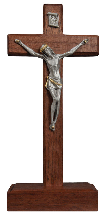 8 inch walnut wood standing crucifix with pewter corpus for Catholic desk and personal prayer space