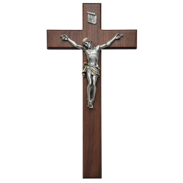 18 inch walnut wood Catholic wall crucifix with pewter corpus handcrafted in USA