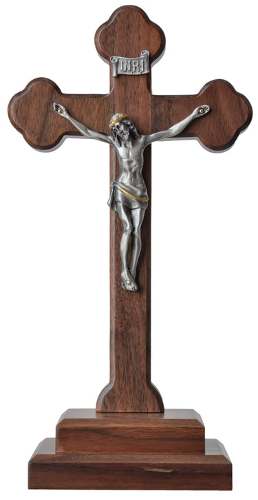 11.5 inch walnut wood standing crucifix with detailed pewter corpus for Catholic home altar and prayer space