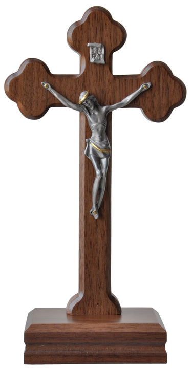 9 inch walnut wood standing table crucifix with detailed resin corpus and stable base by RosaryCard
