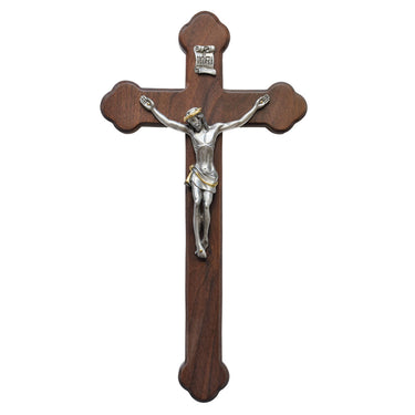 10 inch walnut wood wall crucifix with budded design and detailed resin corpus by RosaryCard