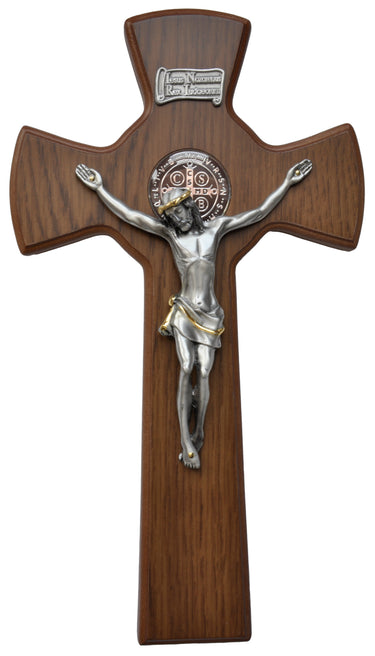 13 inch wood St. Benedict wall crucifix with silver corpus and hand-painted details