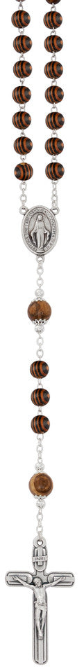 Large zebra wood Miraculous Rosary with capped Our Father beads and Miraculous Medal centerpiece made in Italy