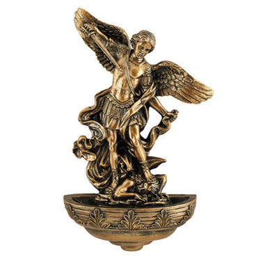 9 inch resin St. Michael the Archangel holy water font with detailed relief sculpture, wall-mounted Catholic home blessing by Autom