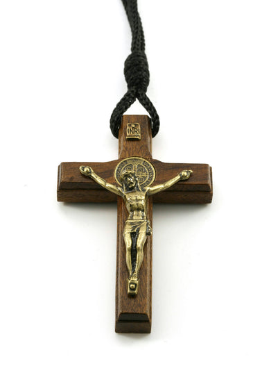 3 inch brown wooden St. Benedict crucifix necklace with black rope cord, Christ corpus and medal reverse