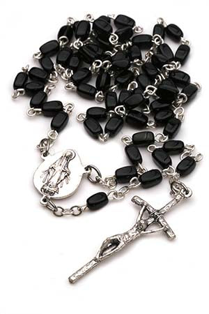 Black rectangular glass Catholic rosary with 5mm x 10mm beads, 17 inch length, imported from Italy by RosaryCard