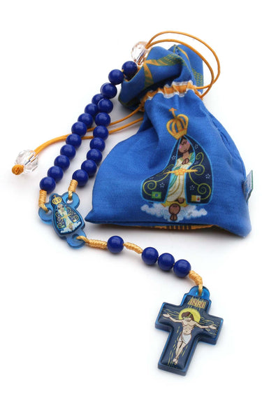Blue children's Catholic rosary for boys with 7mm blue beads on yellow cord, acrylic crucifix and center, with blue storage pouch