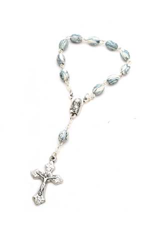 Faux bone one decade pocket rosary white blue beads Madonna Child centerpiece 5 inch Catholic
