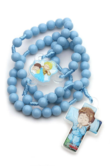 Blue Catholic child rosary beads on cord with acrylic crucifix for boys first communion baptism gift