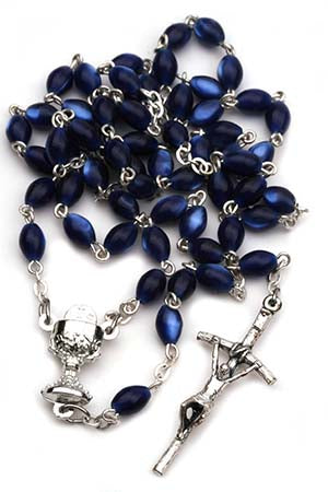 Blue oval faux mother of pearl Catholic rosary with 7mm beads and chalice center for First Communion