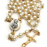Faux pearl First Communion rosary for boys with golden chain, Communion center medallion, 1.5 inch Papal crucifix, 17 inch length