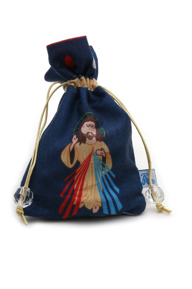 Blue children's Catholic rosary for boys with 7mm blue beads on yellow cord, acrylic crucifix and center, with blue storage pouch