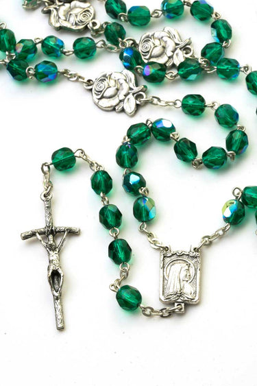 Emerald green glass bead Catholic rosary with 5mm beads traditional crucifix and center medal by RosaryCard