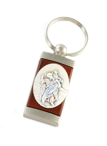 Silver tone St Christopher keychain with Child Jesus medal, 3.25 inches, made in Italy by RosaryCard