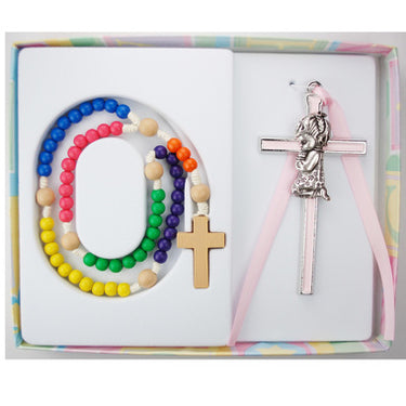 Colorful wooden Catholic rosary for girls with pink enamel cross featuring praying girl image, child-safe non-toxic beads, gift boxed by RosaryCard