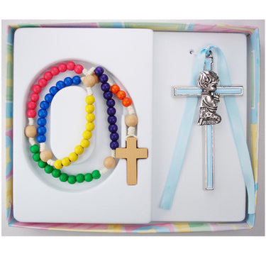 Multicolor Catholic kiddie rosary set with blue enamel cross on ribbon for baby boy baptism gift