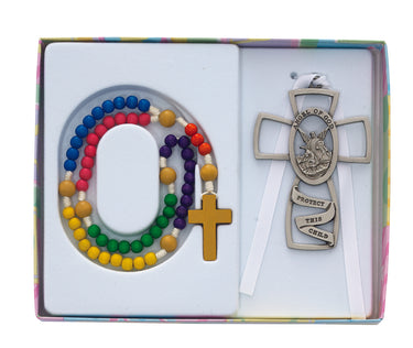 Multi-color wooden Guardian Angel rosary set for kids with pewter cross and white cord in gift box