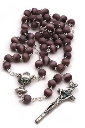 Brown cat's eye glass First Communion rosary with chalice center and silver crucifix, 16.5 inch youth size made in Brazil