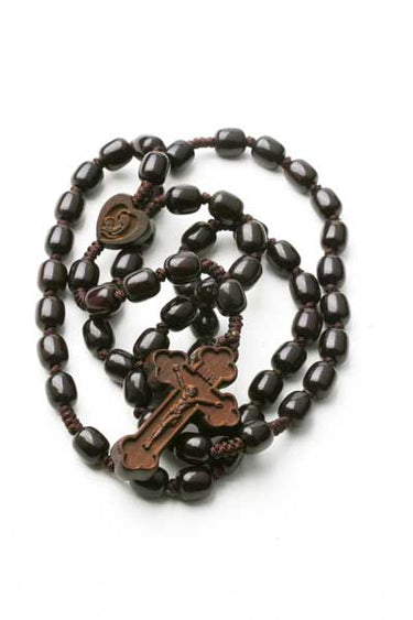 Jujube wood Catholic rosary with oblong beads, heart-shaped center featuring Mary and Miraculous Medal, 18 inches