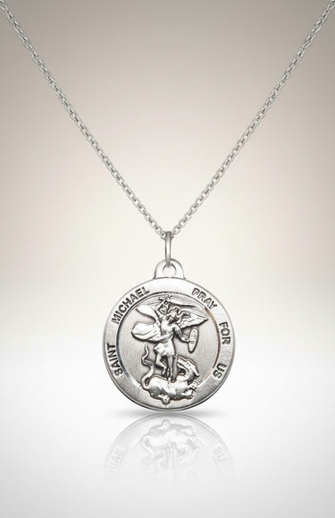 Rosarycard Sterling Silver St. Michael Archangel medal necklace with 18" chain. Detailed pendant depicts St. Michael slaying a dragon.