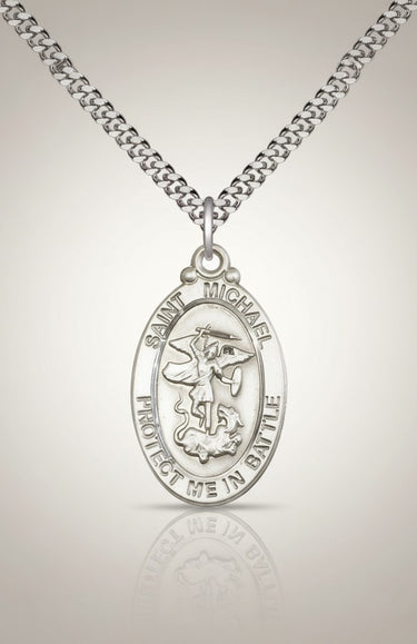 Rosarycard Sterling Silver St. Michael medal necklace, oval shape with detailed St. Michael figure and inscription "Protect Me In Battle".