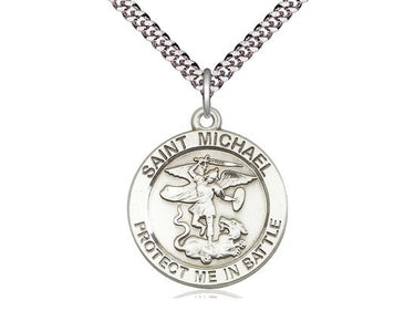 Rosarycard Sterling Silver St. Michael Archangel medal necklace, 1" x 7/8", with 24" chain. Depicts St. Michael defeating Satan.
