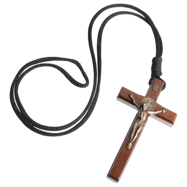 3.5 inch brown wooden St. Benedict crucifix necklace with rope cord, Christ corpus and medal reverse